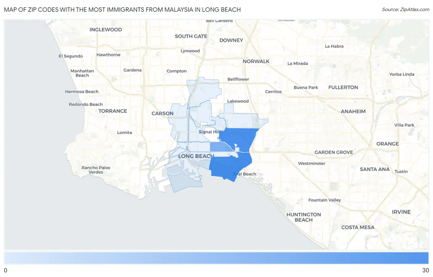 Zip Codes with the Most Immigrants from Malaysia in Long Beach Map