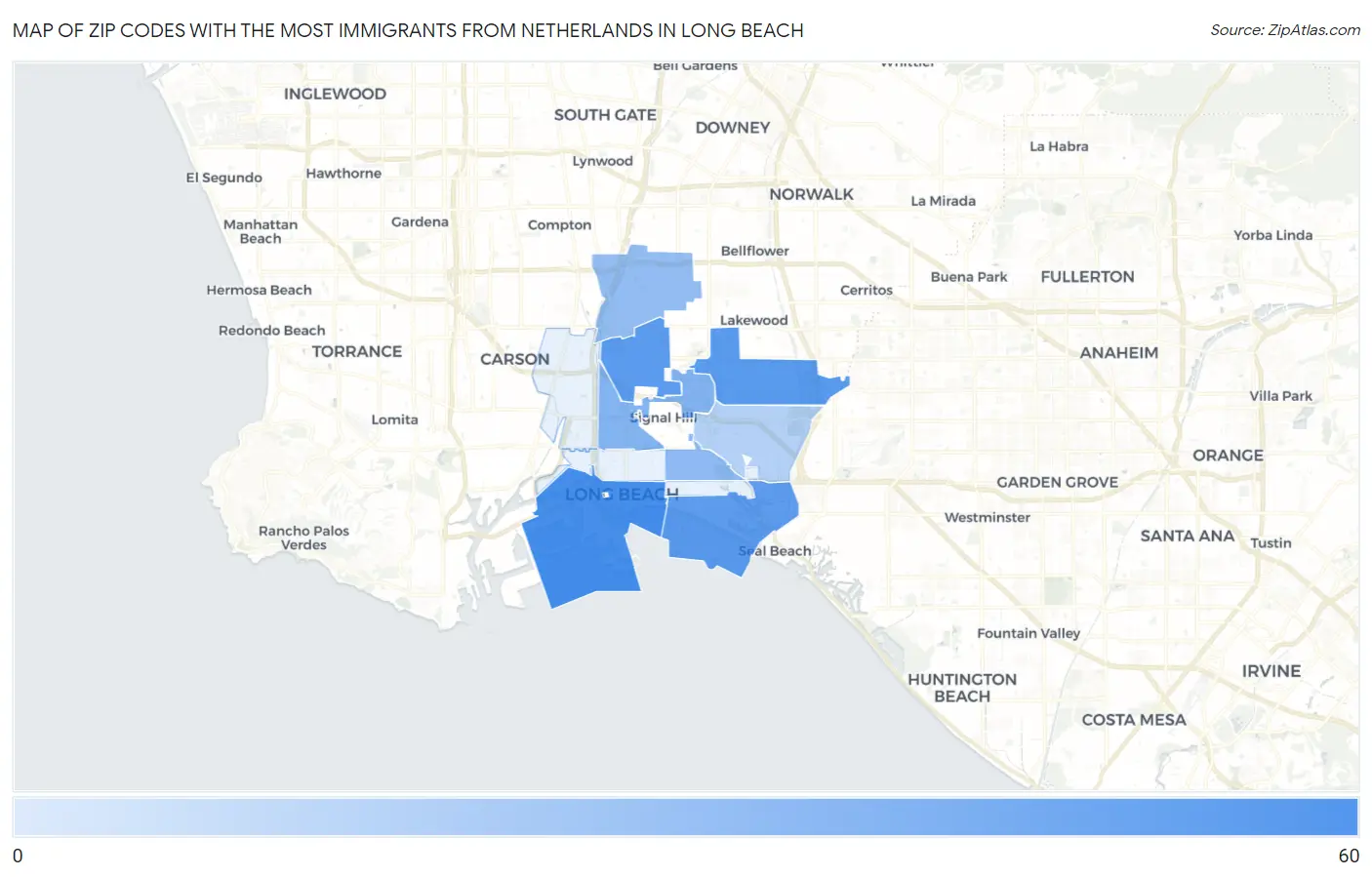 Zip Codes with the Most Immigrants from Netherlands in Long Beach Map
