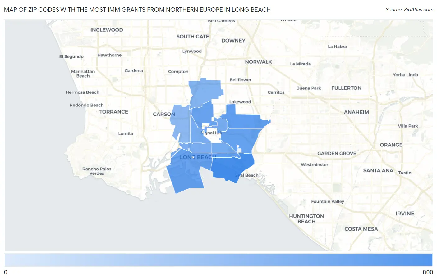 Zip Codes with the Most Immigrants from Northern Europe in Long Beach Map
