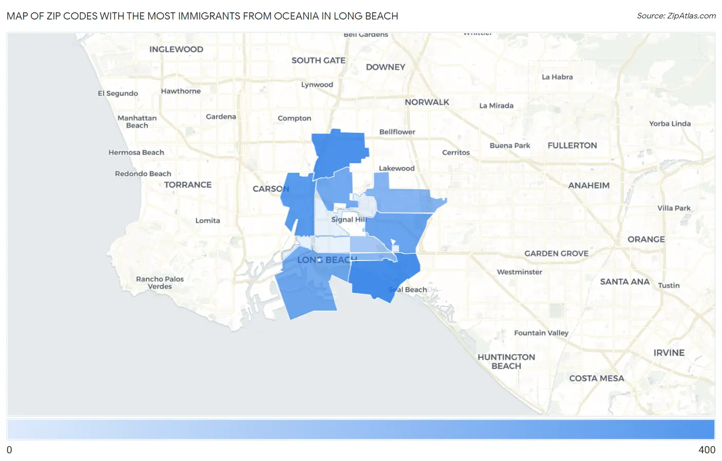 Zip Codes with the Most Immigrants from Oceania in Long Beach Map