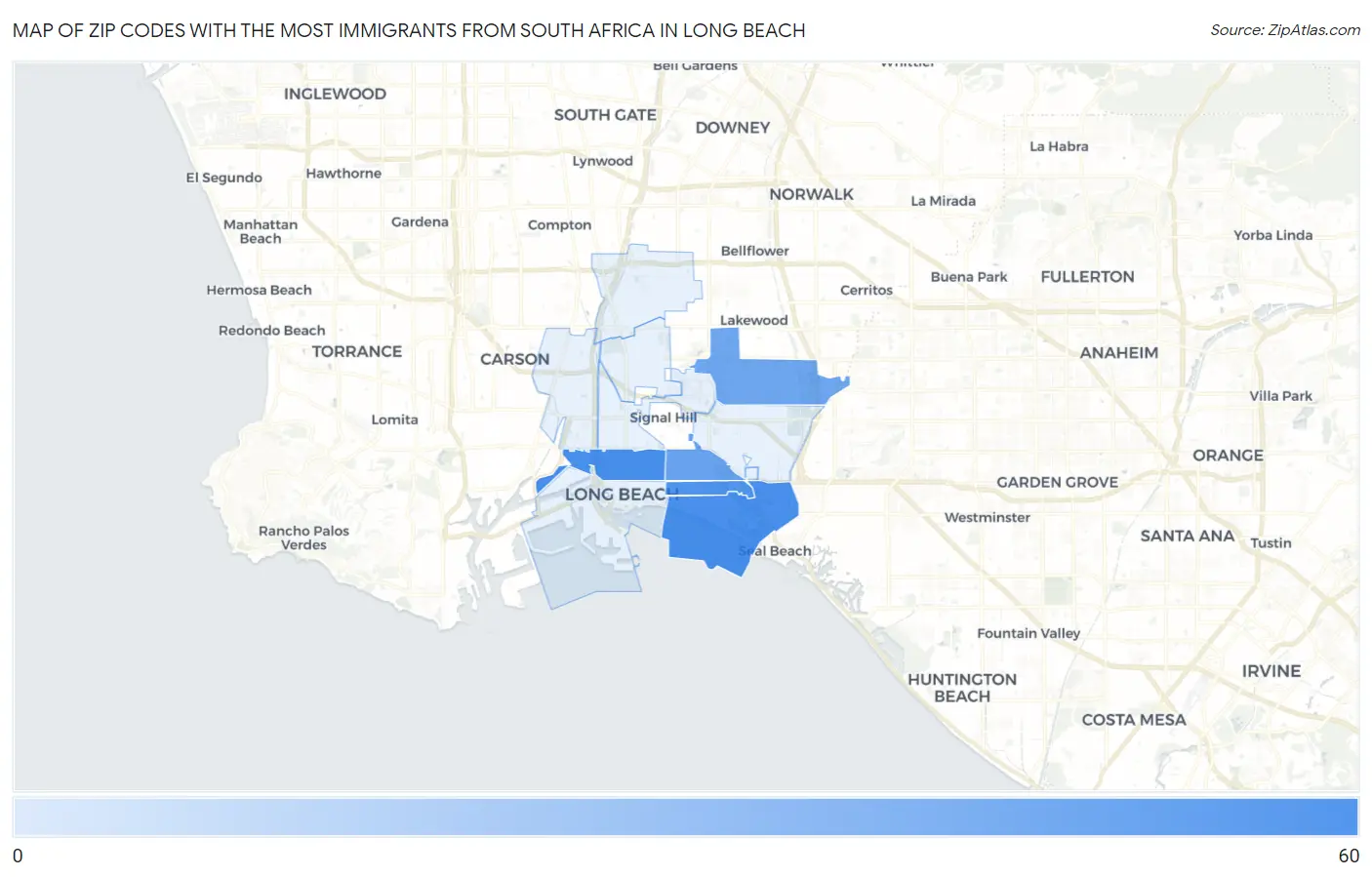 Zip Codes with the Most Immigrants from South Africa in Long Beach Map