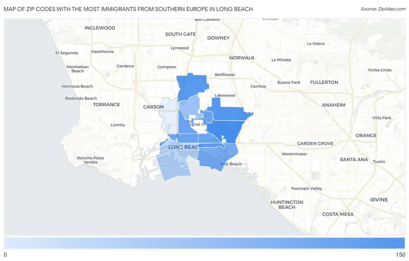 Zip Codes with the Most Immigrants from Southern Europe in Long Beach Map