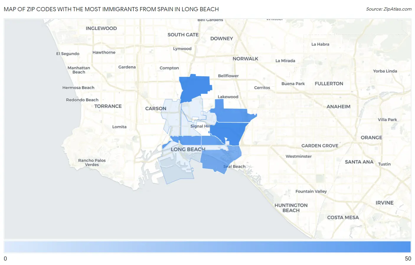Zip Codes with the Most Immigrants from Spain in Long Beach Map