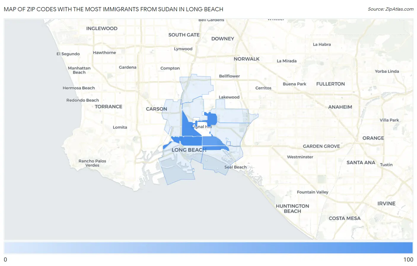 Zip Codes with the Most Immigrants from Sudan in Long Beach Map