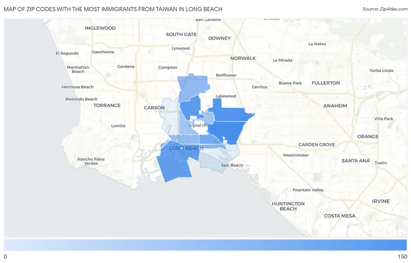 Zip Codes with the Most Immigrants from Taiwan in Long Beach Map