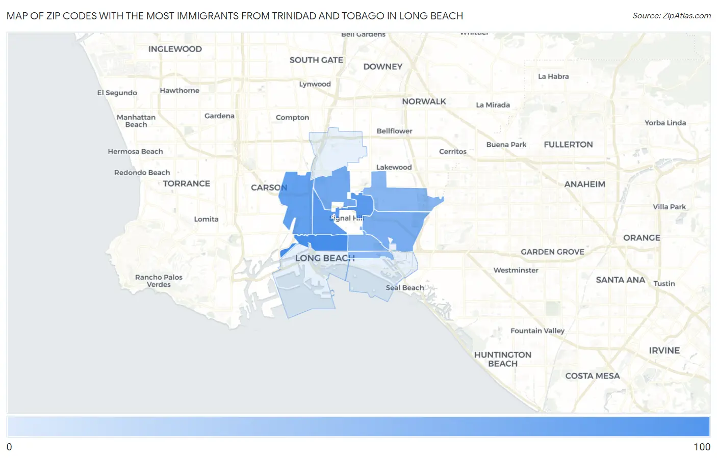 Zip Codes with the Most Immigrants from Trinidad and Tobago in Long Beach Map