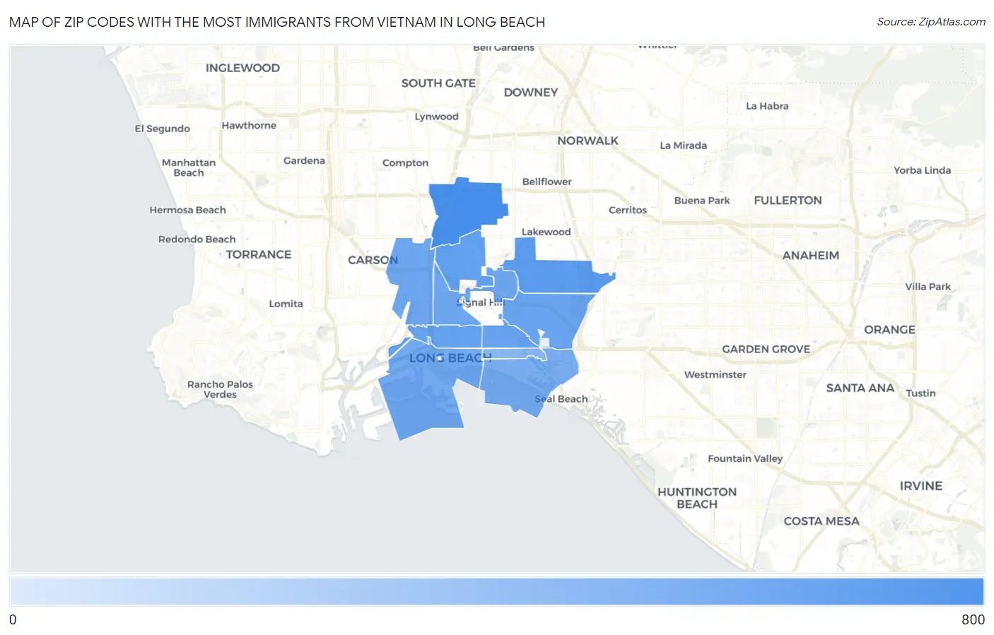Zip Codes with the Most Immigrants from Vietnam in Long Beach Map