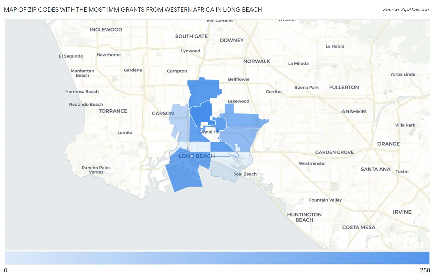 Zip Codes with the Most Immigrants from Western Africa in Long Beach Map