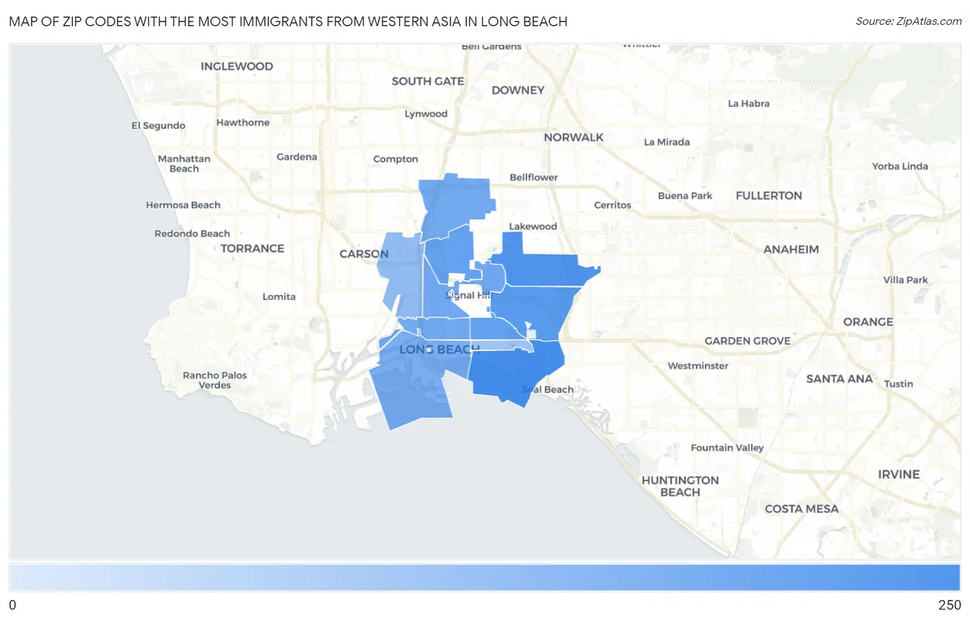 Zip Codes with the Most Immigrants from Western Asia in Long Beach Map
