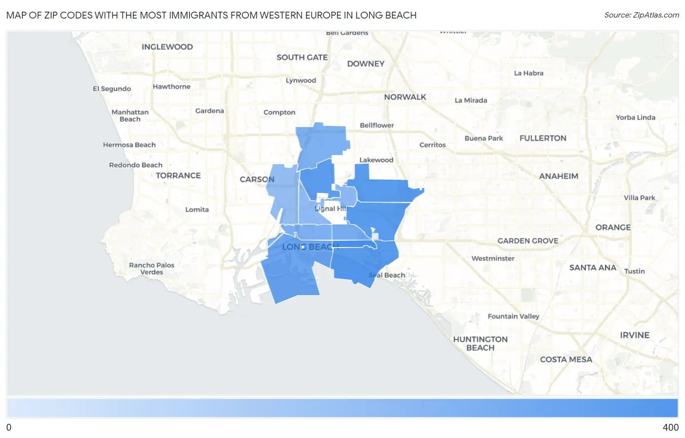 Zip Codes with the Most Immigrants from Western Europe in Long Beach Map