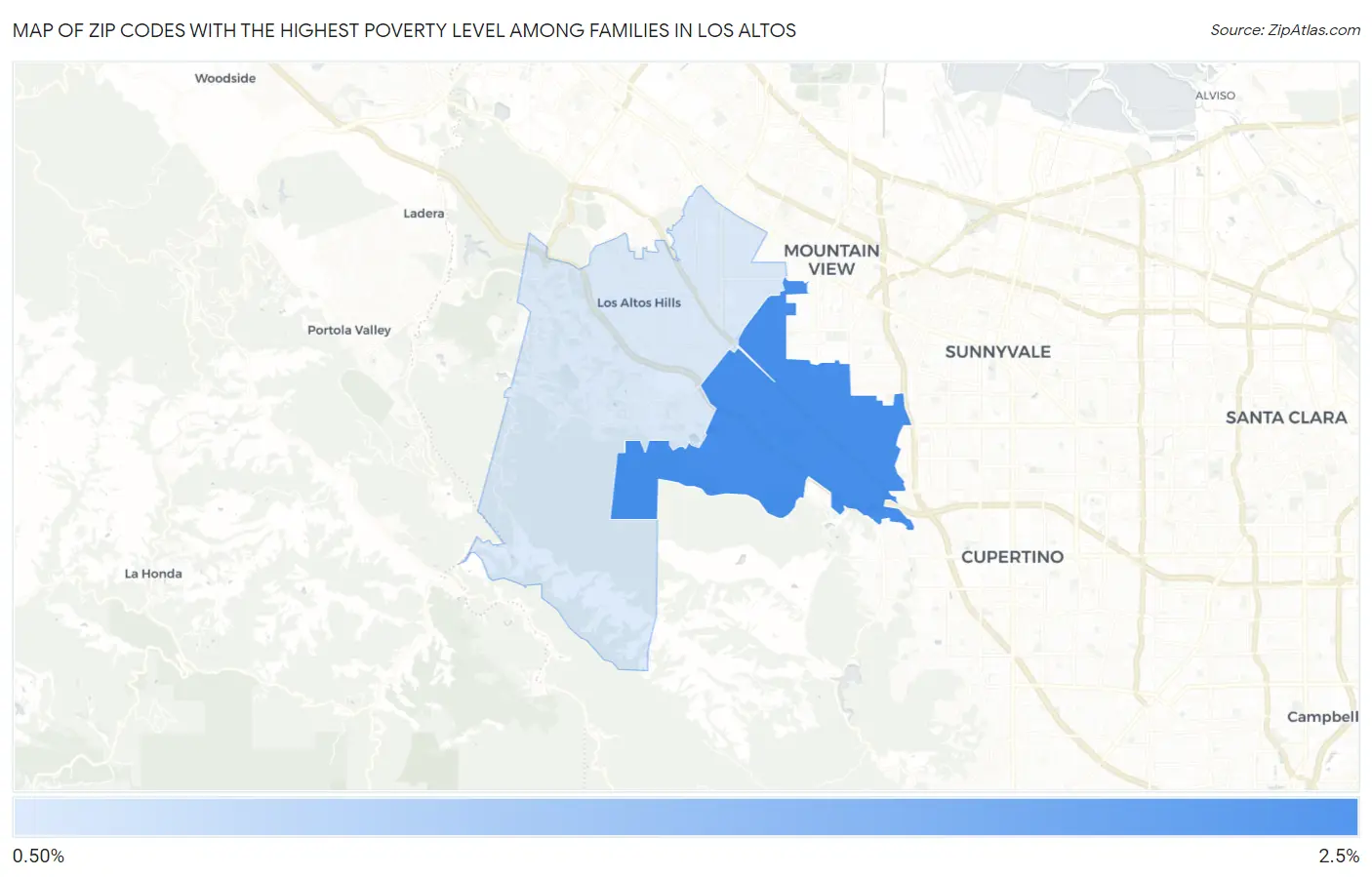 Zip Codes with the Highest Poverty Level Among Families in Los Altos Map