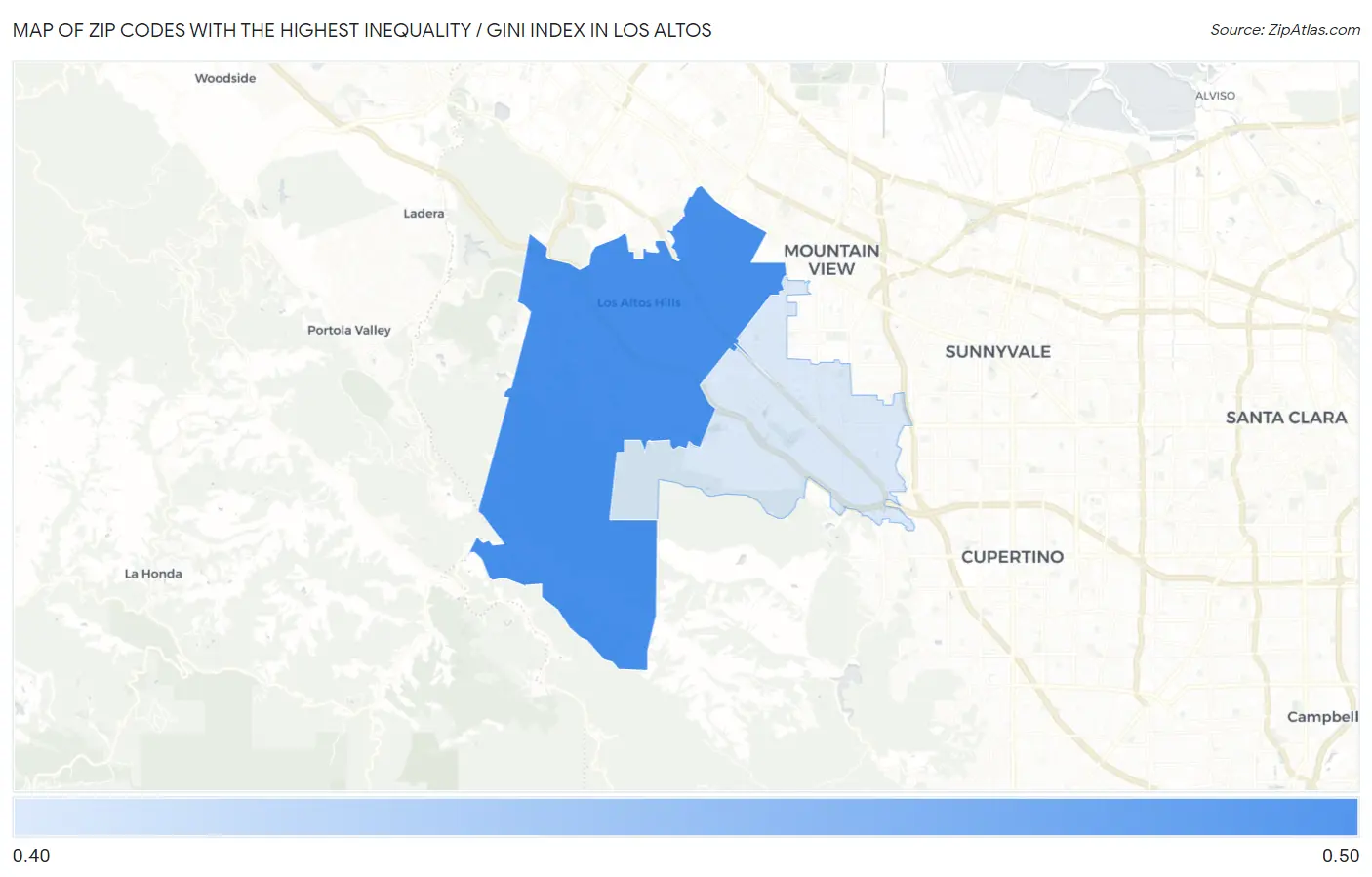 Zip Codes with the Highest Inequality / Gini Index in Los Altos Map