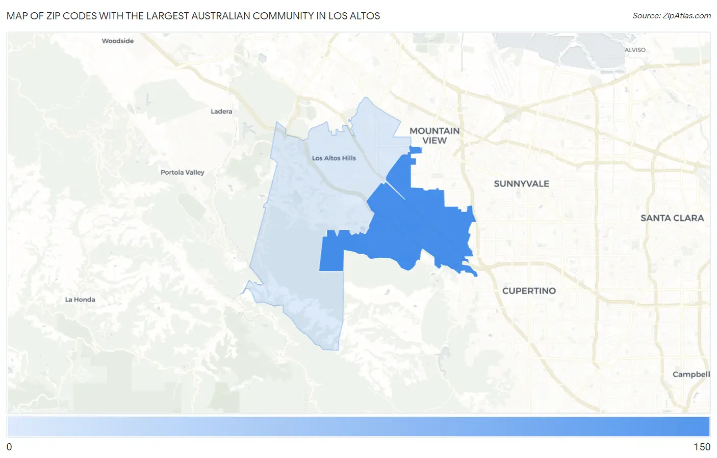 Zip Codes with the Largest Australian Community in Los Altos Map