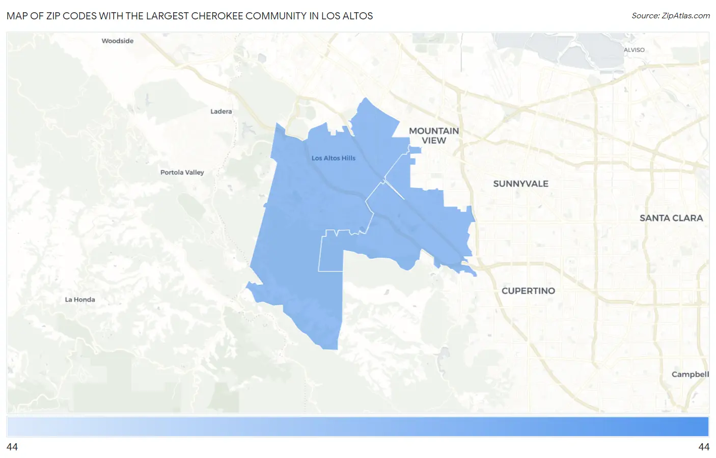 Zip Codes with the Largest Cherokee Community in Los Altos Map