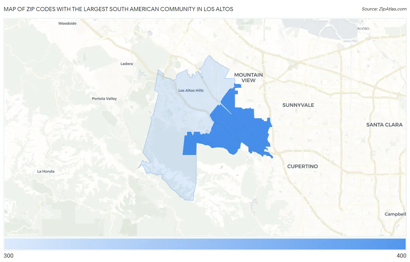 Zip Codes with the Largest South American Community in Los Altos Map
