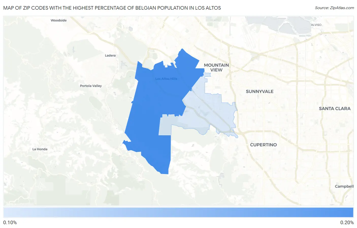 Zip Codes with the Highest Percentage of Belgian Population in Los Altos Map