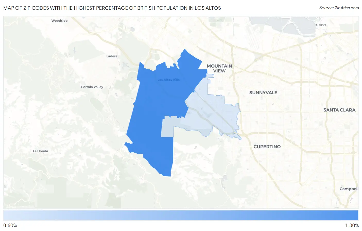 Zip Codes with the Highest Percentage of British Population in Los Altos Map