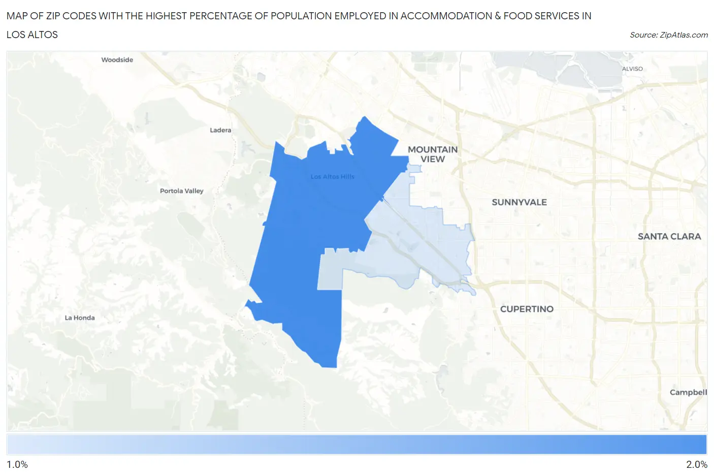Zip Codes with the Highest Percentage of Population Employed in Accommodation & Food Services in Los Altos Map