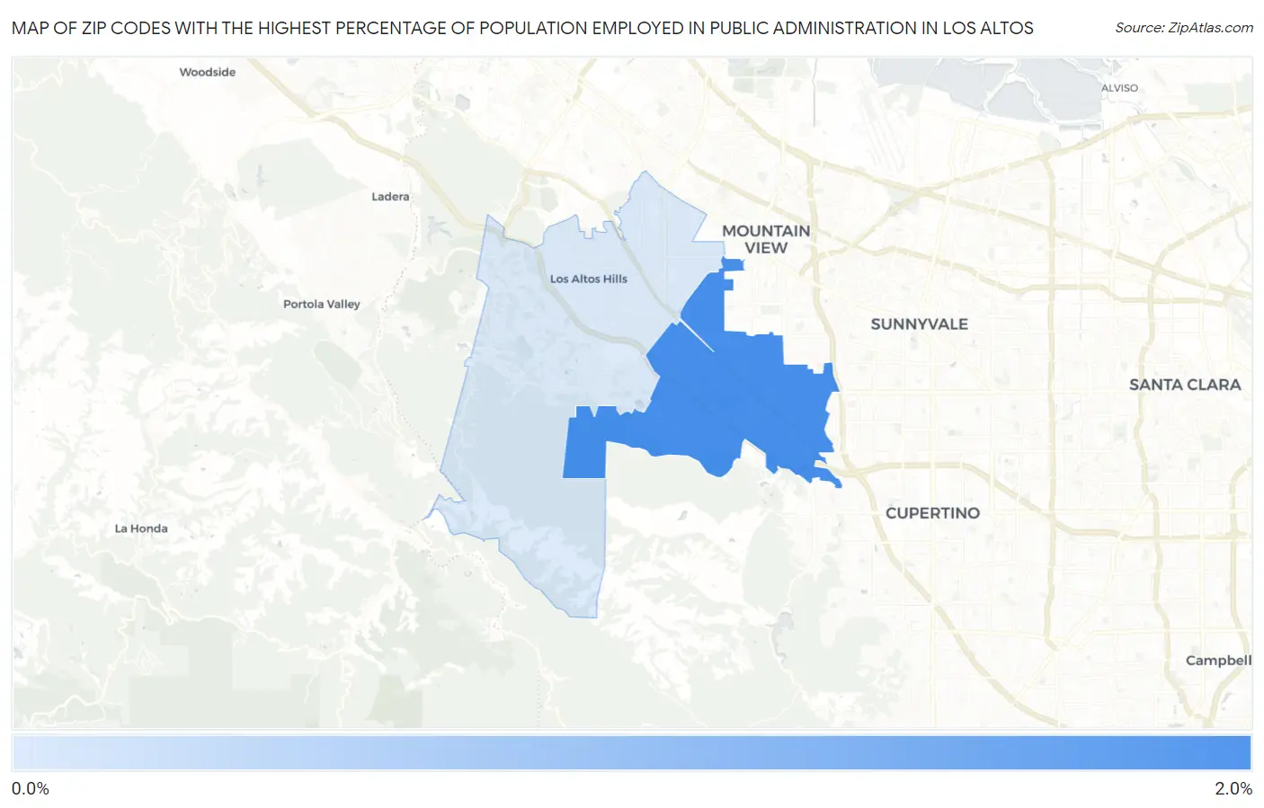 Zip Codes with the Highest Percentage of Population Employed in Public Administration in Los Altos Map
