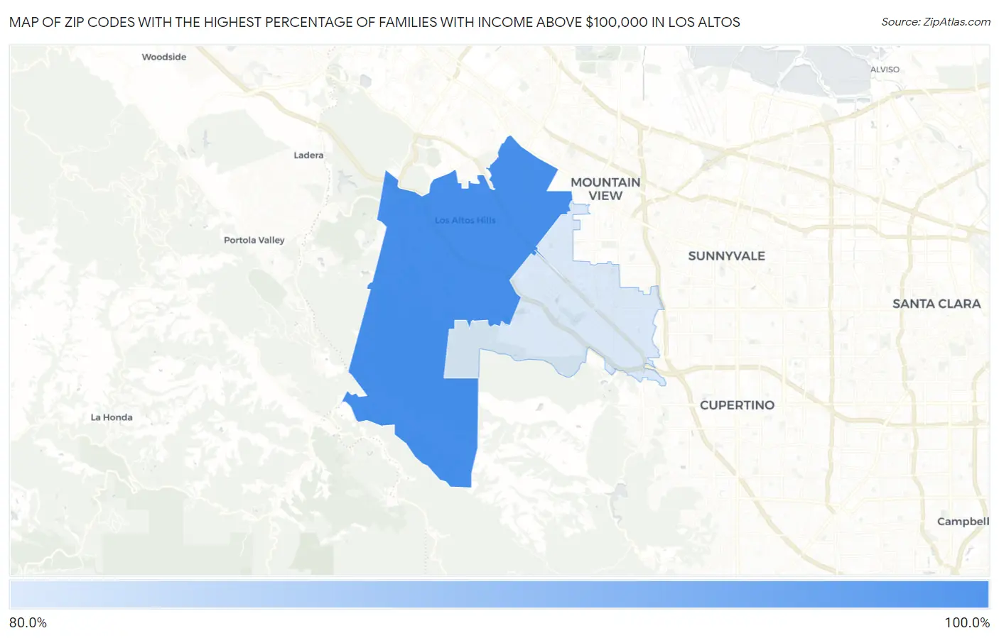 Zip Codes with the Highest Percentage of Families with Income Above $100,000 in Los Altos Map