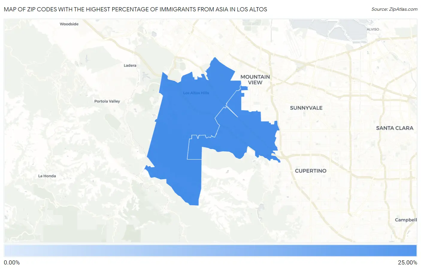 Zip Codes with the Highest Percentage of Immigrants from Asia in Los Altos Map