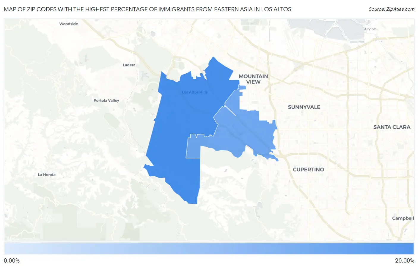 Zip Codes with the Highest Percentage of Immigrants from Eastern Asia in Los Altos Map