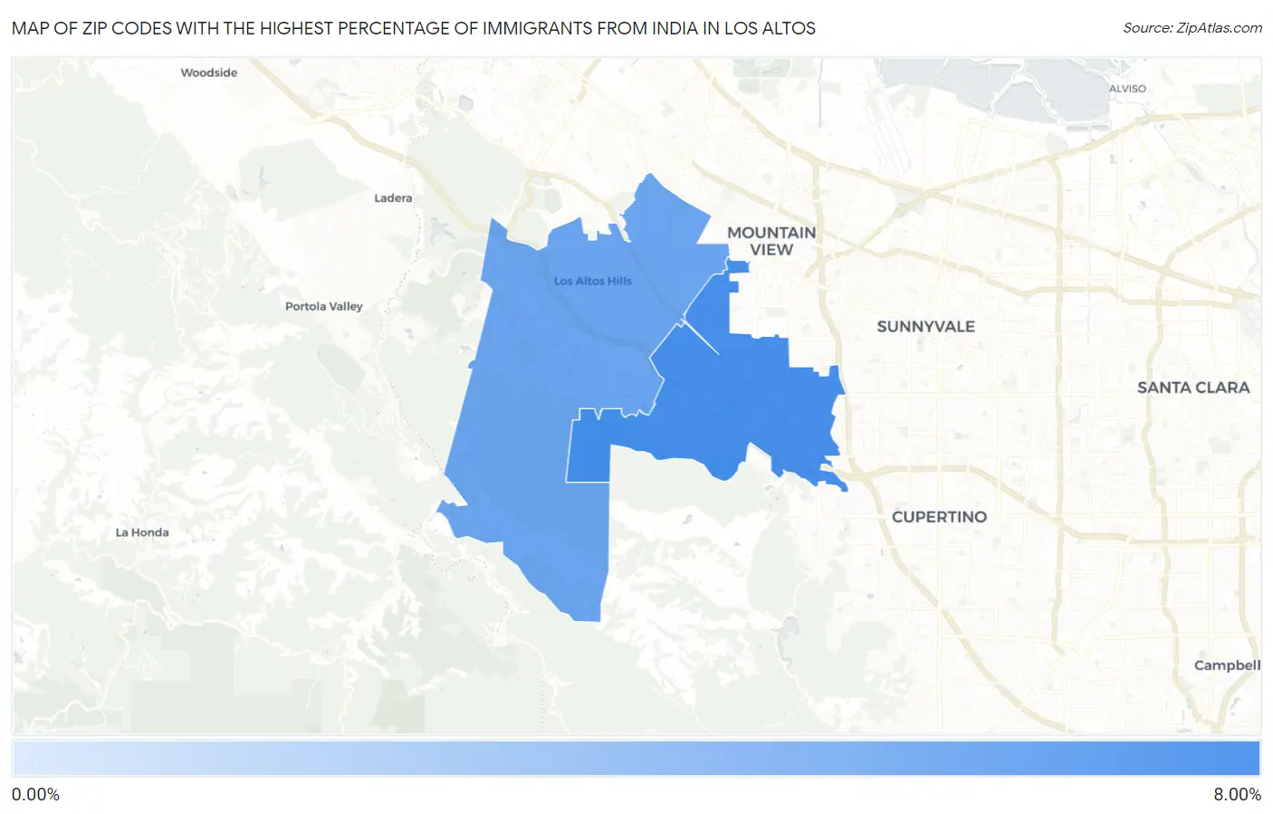 Zip Codes with the Highest Percentage of Immigrants from India in Los Altos Map