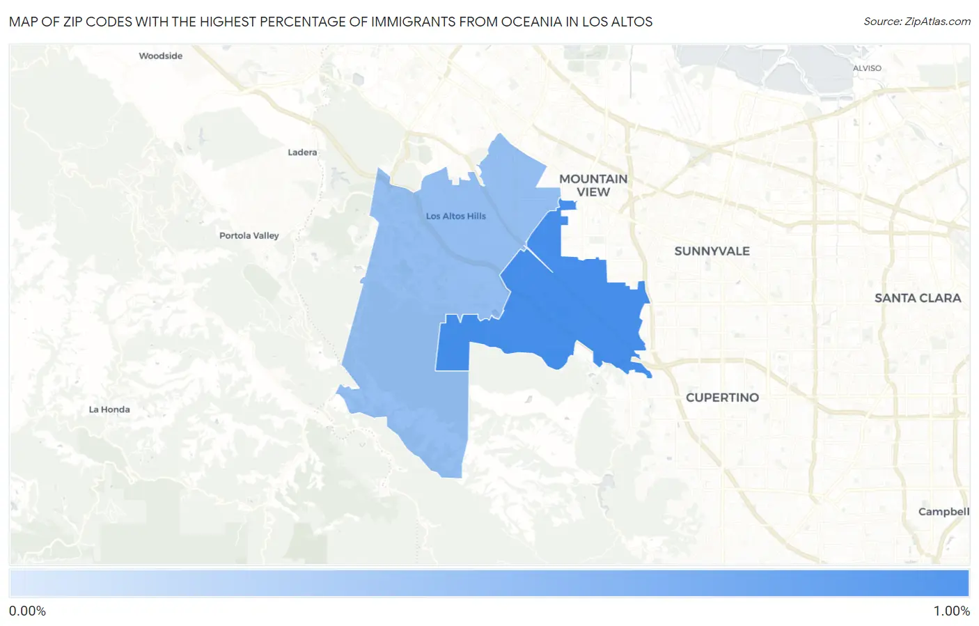 Zip Codes with the Highest Percentage of Immigrants from Oceania in Los Altos Map