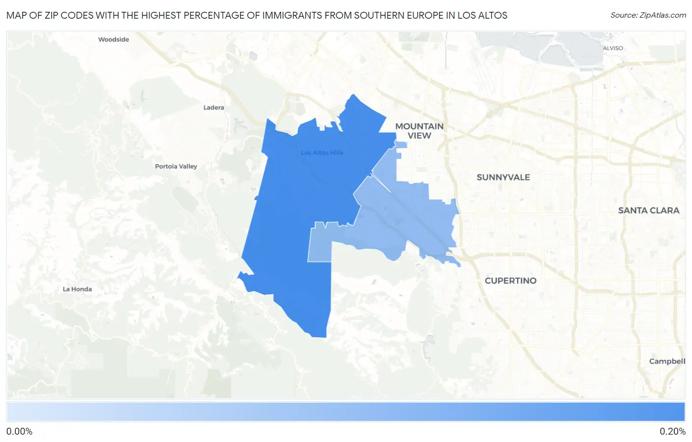 Zip Codes with the Highest Percentage of Immigrants from Southern Europe in Los Altos Map