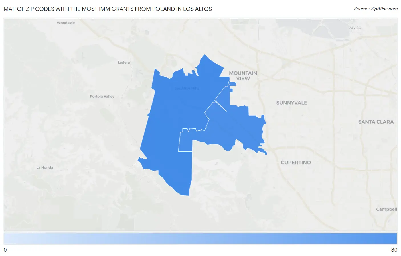 Zip Codes with the Most Immigrants from Poland in Los Altos Map