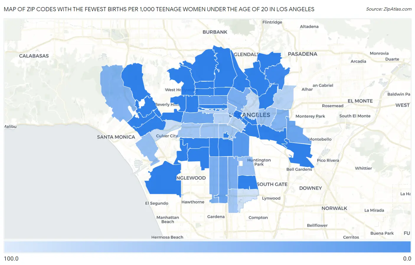 Zip Codes with the Fewest Births per 1,000 Teenage Women Under the Age of 20 in Los Angeles Map