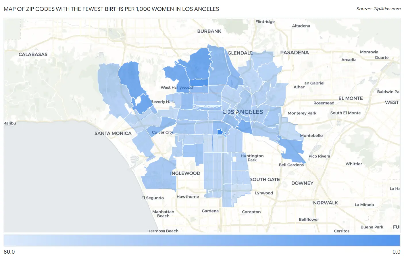 Zip Codes with the Fewest Births per 1,000 Women in Los Angeles Map