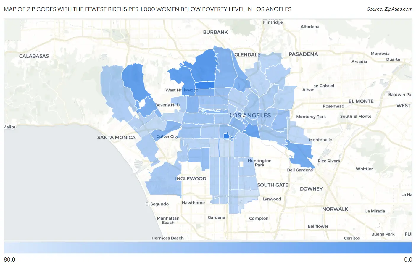Zip Codes with the Fewest Births per 1,000 Women Below Poverty Level in Los Angeles Map