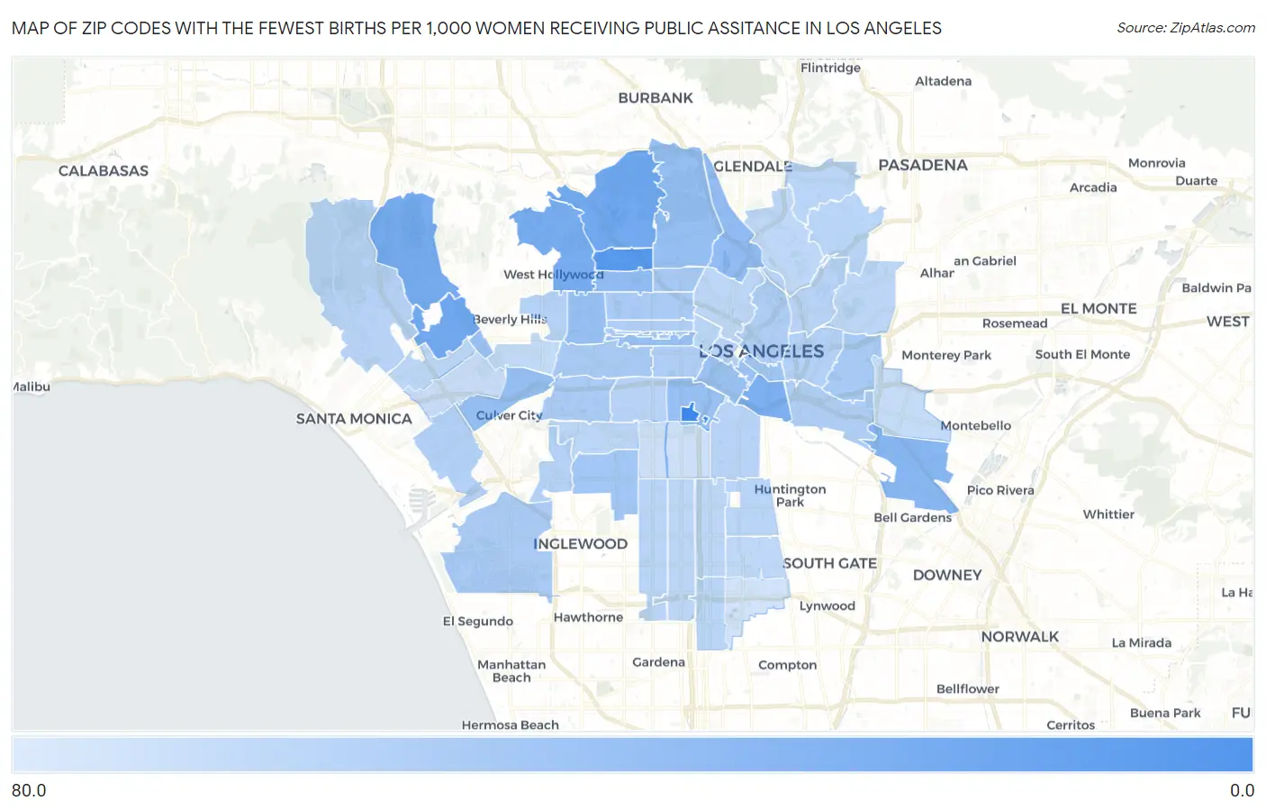 Zip Codes with the Fewest Births per 1,000 Women Receiving Public Assitance in Los Angeles Map