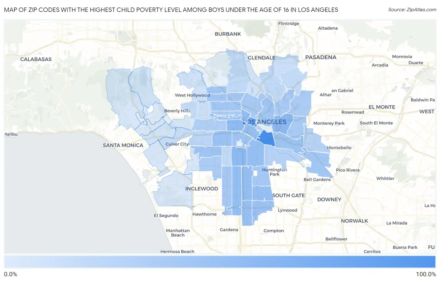 Zip Codes with the Highest Child Poverty Level Among Boys Under the Age of 16 in Los Angeles Map
