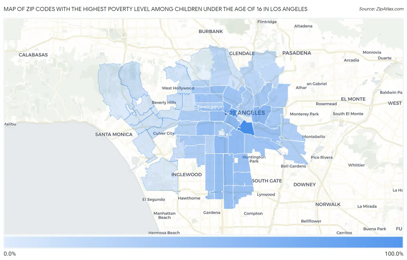 Zip Codes with the Highest Poverty Level Among Children Under the Age of 16 in Los Angeles Map