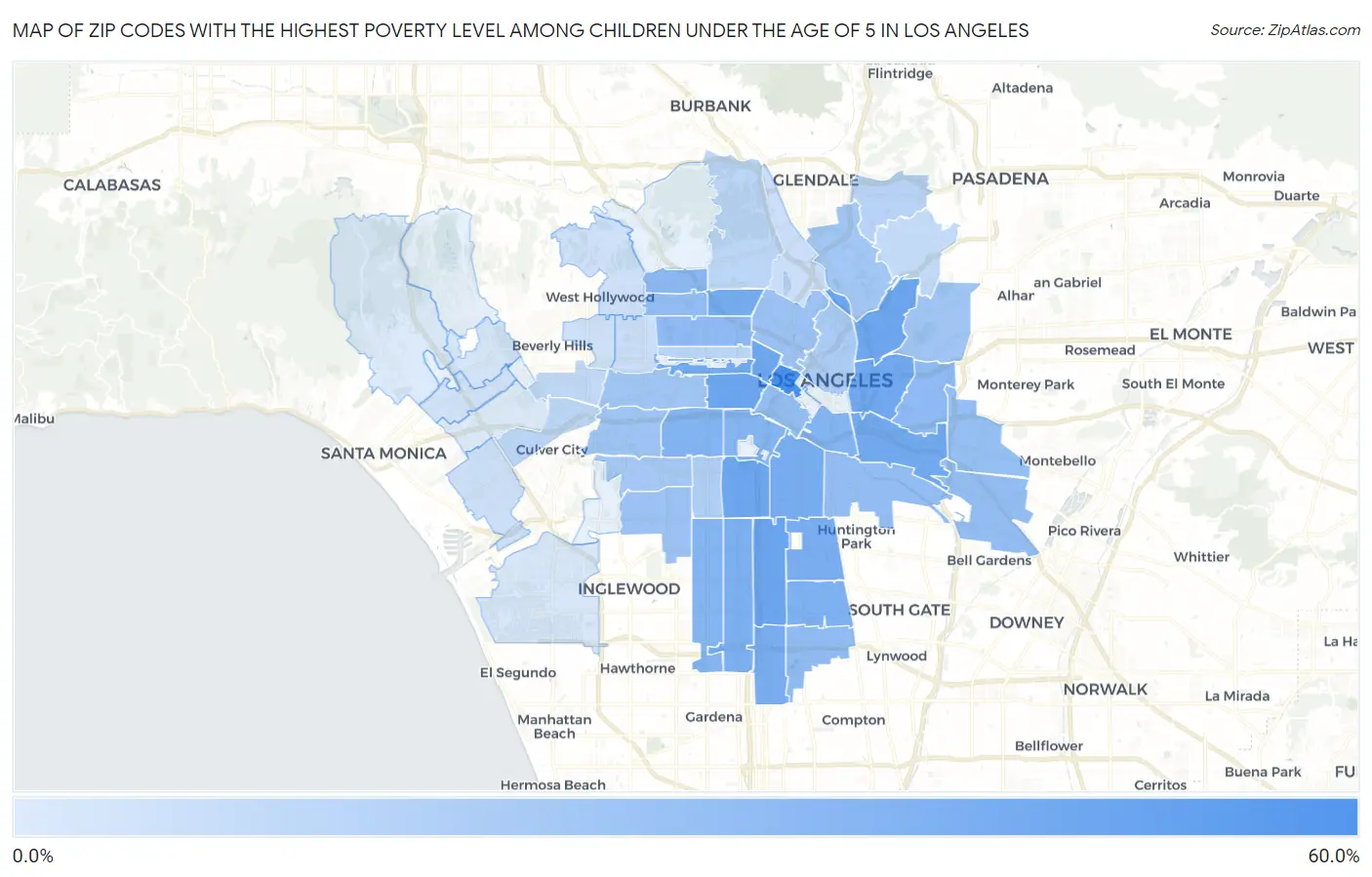 Zip Codes with the Highest Poverty Level Among Children Under the Age of 5 in Los Angeles Map