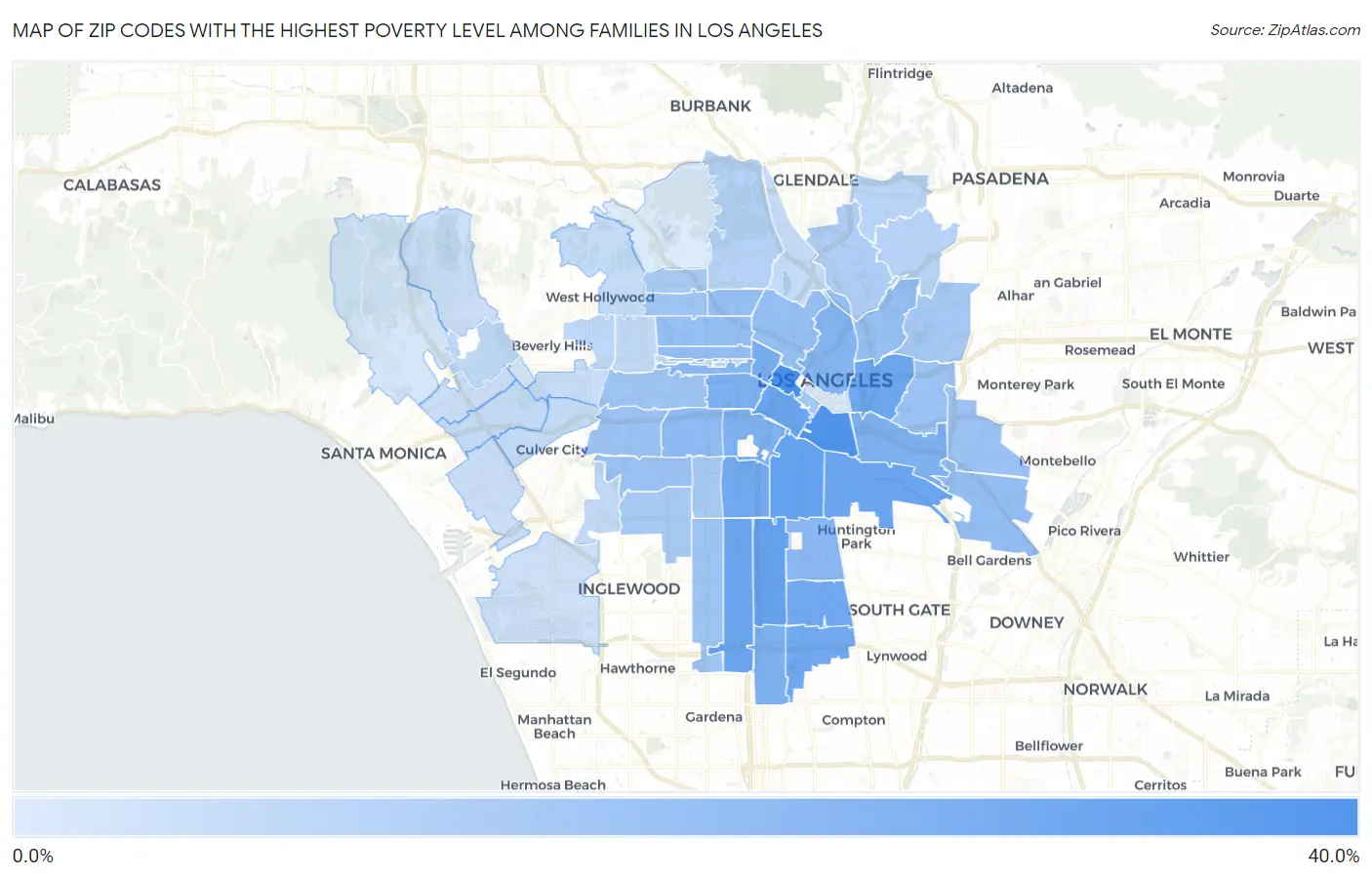 Zip Codes with the Highest Poverty Level Among Families in Los Angeles Map