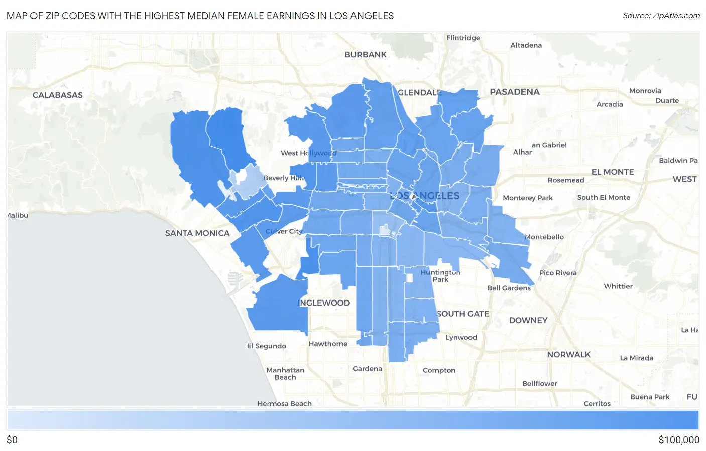 Zip Codes with the Highest Median Female Earnings in Los Angeles Map
