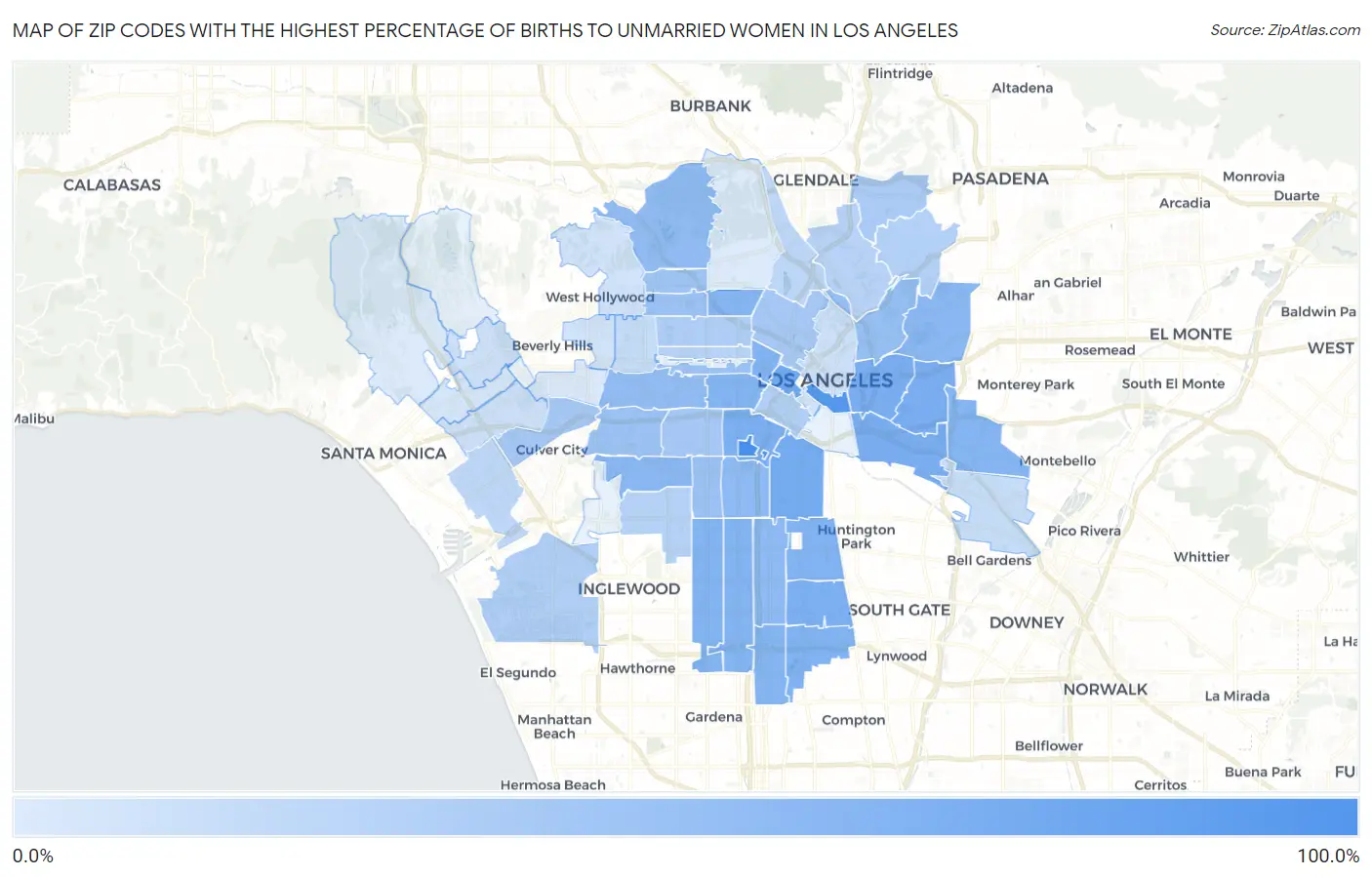 Zip Codes with the Highest Percentage of Births to Unmarried Women in Los Angeles Map