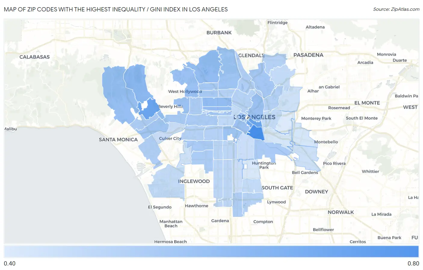 Zip Codes with the Highest Inequality / Gini Index in Los Angeles Map