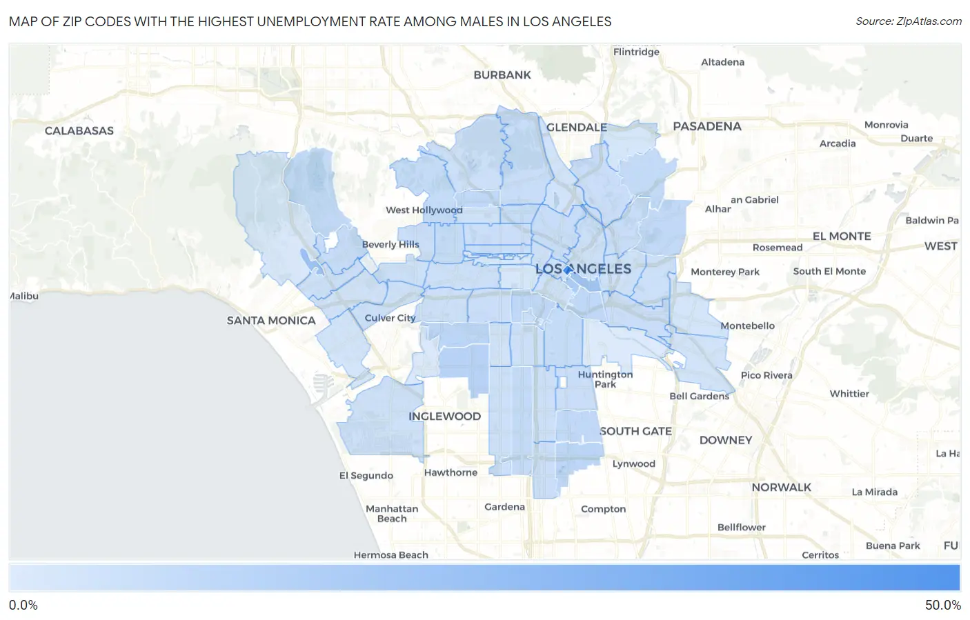 Zip Codes with the Highest Unemployment Rate Among Males in Los Angeles Map
