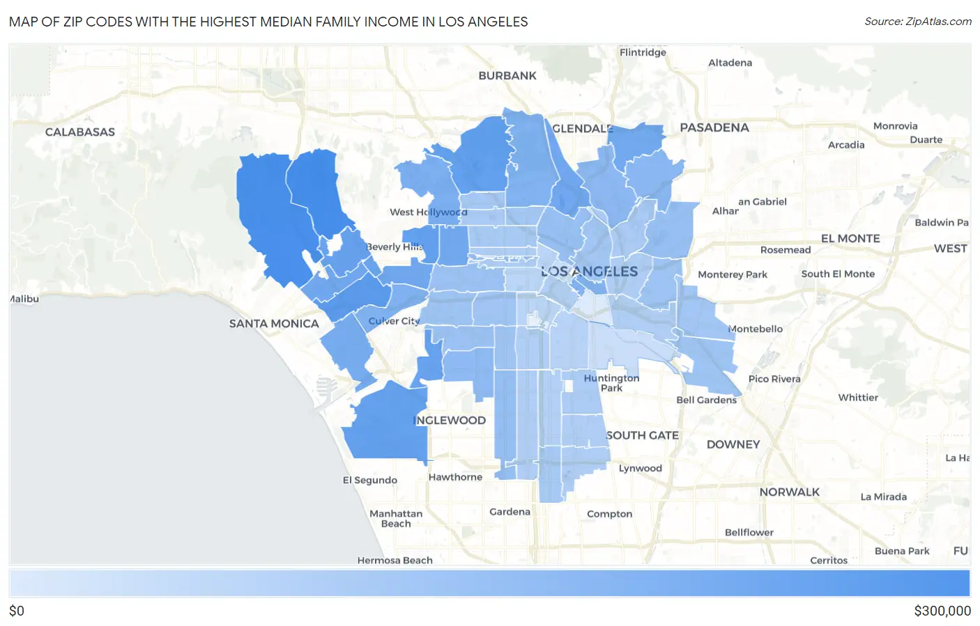 Zip Codes with the Highest Median Family Income in Los Angeles Map