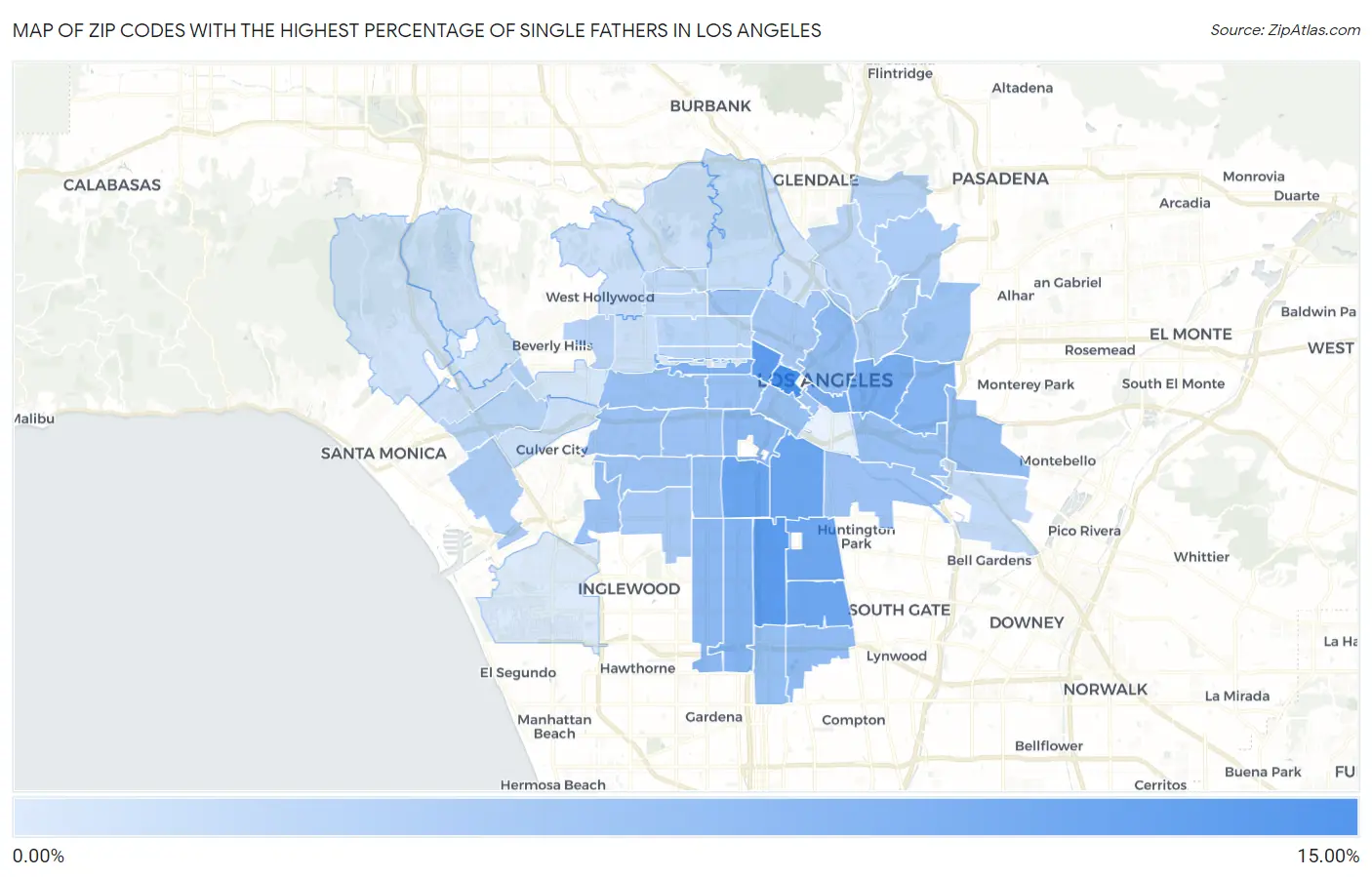 Zip Codes with the Highest Percentage of Single Fathers in Los Angeles Map