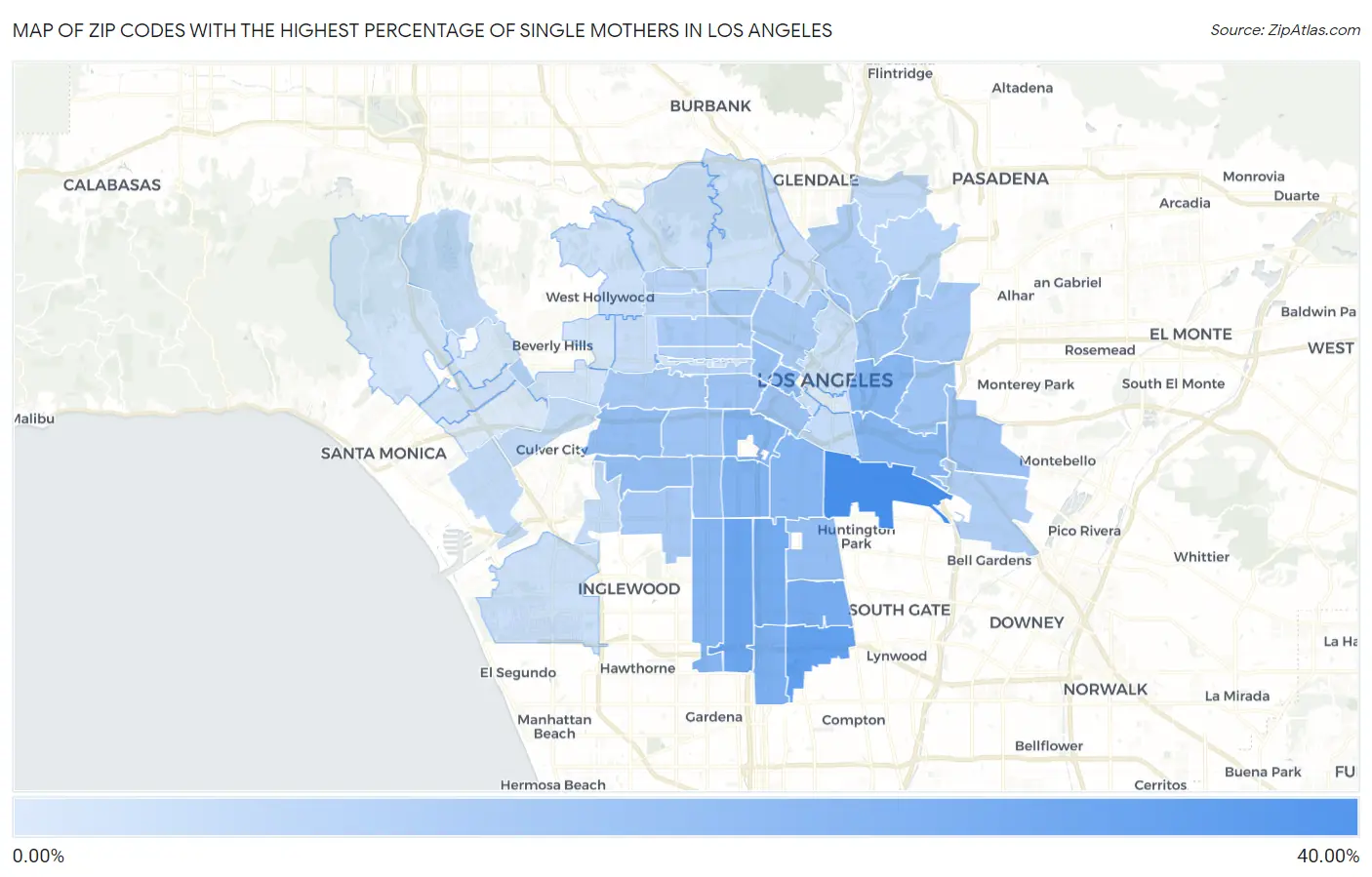 Zip Codes with the Highest Percentage of Single Mothers in Los Angeles Map