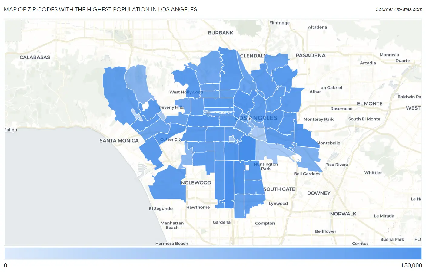 Zip Codes with the Highest Population in Los Angeles Map