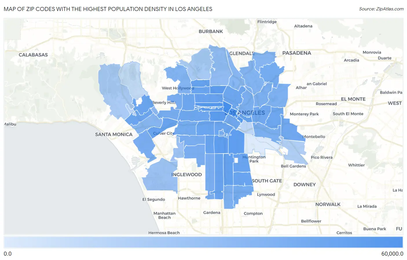 Zip Codes with the Highest Population Density in Los Angeles Map