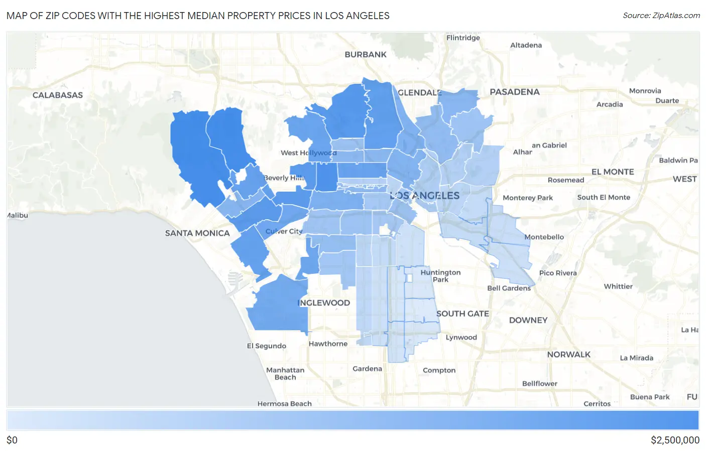 Zip Codes with the Highest Median Property Prices in Los Angeles Map
