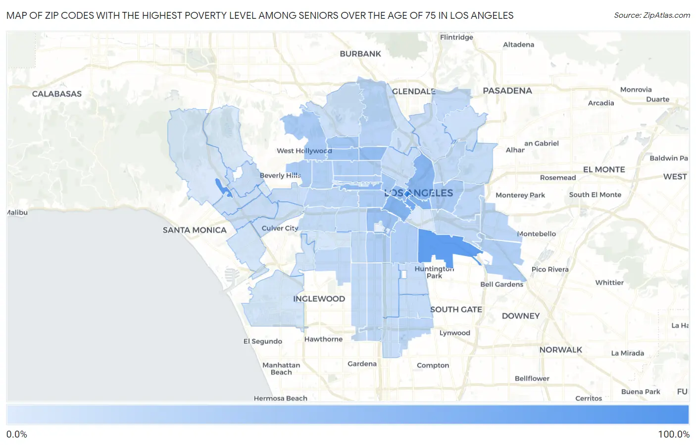 Zip Codes with the Highest Poverty Level Among Seniors Over the Age of 75 in Los Angeles Map