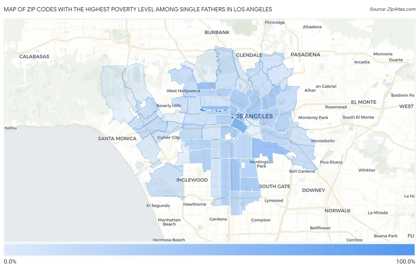 Zip Codes with the Highest Poverty Level Among Single Fathers in Los Angeles Map